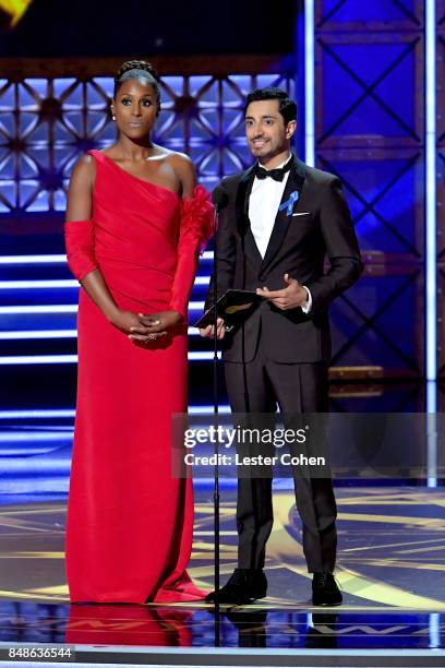 Actors Issa Rae and Riz Ahmed speak onstage during the 69th Annual Primetime Emmy Awards at Microsoft Theater on September 17, 2017 in Los Angeles,...