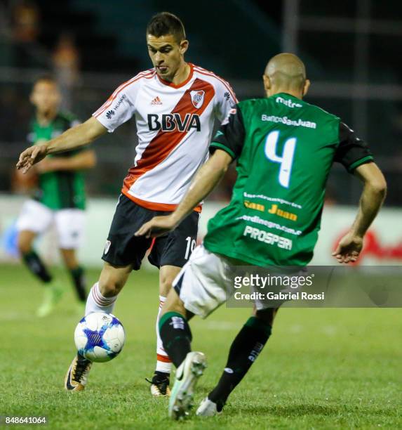 Rafael Santos Borre of River Plate fights for the ball with Gonzalo Prosperi of San Martin during a match between San Martin de San Juan and River...