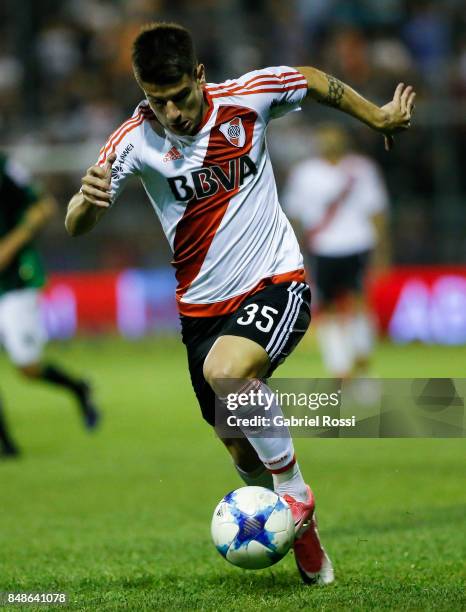 Tomas Andrade of River Plate drives the ball during a match between San Martin de San Juan and River Plate as part of the Superliga 2017/18 at...