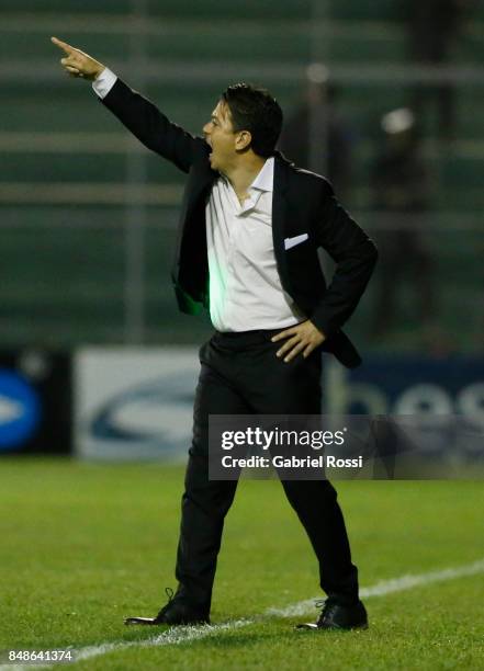 Marcelo Gallardo coach of River Plate gives instructions to his players during a match between San Martin de San Juan and River Plate as part of the...