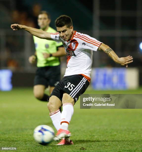 Tomas Andrade of River Plate kicks the ball during a match between San Martin de San Juan and River Plate as part of the Superliga 2017/18 at...