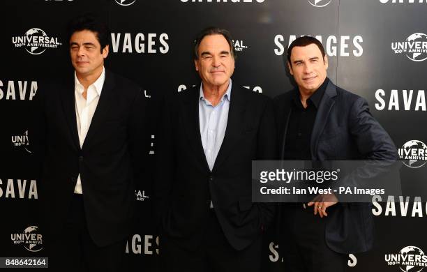 Benicio del Toro, Oliver Stone and John Travolta attending a photocall for new film Savages at the Mandarin Hotel, London.