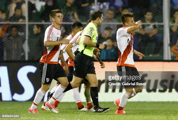 Alan Marcel of River Plate celebrates with teammates after scoring the third goal of his team during a match between San Martin de San Juan and River...