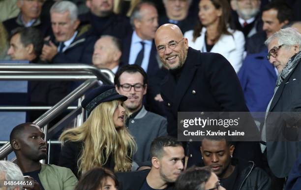 Pascal Obispo and his wife Julie Hantson attend the French Ligue 1 match between Paris Saint Germain and Olympique Lyonnais at Parc des Princes on...