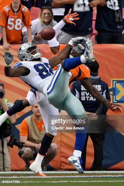 Bradley Roby of the Denver Broncos breaks up a fourth-down-and-goal pass attempt to Dez Bryant of the Dallas Cowboys during the fourth quarter of the...