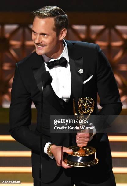 Actor Alexander Skarsgard accepts Outstanding Supporting Actor in a Limited Series or Movie for 'Big Little Lies' onstage during the 69th Annual...