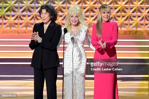 Actors Lily Tomlin, Dolly Parton, and Jane Fonda speak onstage during the 69th Annual Primetime Emmy Awards at Microsoft Theater on September 17,...