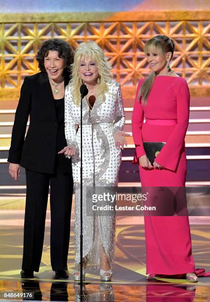Actors Lily Tomlin, Dolly Parton, and Jane Fonda speak onstage during the 69th Annual Primetime Emmy Awards at Microsoft Theater on September 17,...