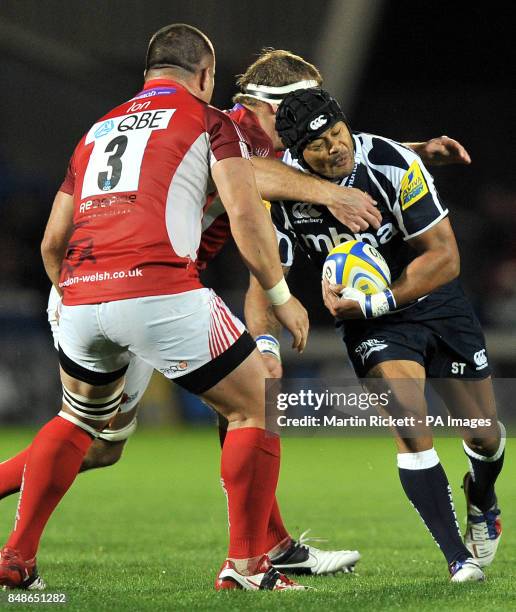 Sale Sharks Sam Tuitupou is tackled by London Welsh's Jonathan Mills during the Aviva Premiership match at Salford City Stadium, Salford.