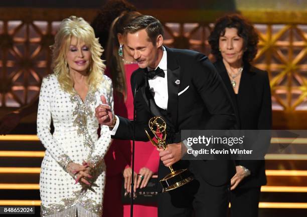 Actor Alexander Skarsgard accepts Outstanding Supporting Actor in a Limited Series or Movie for 'Big Little Lies' with actors Dolly Parton, Jane...