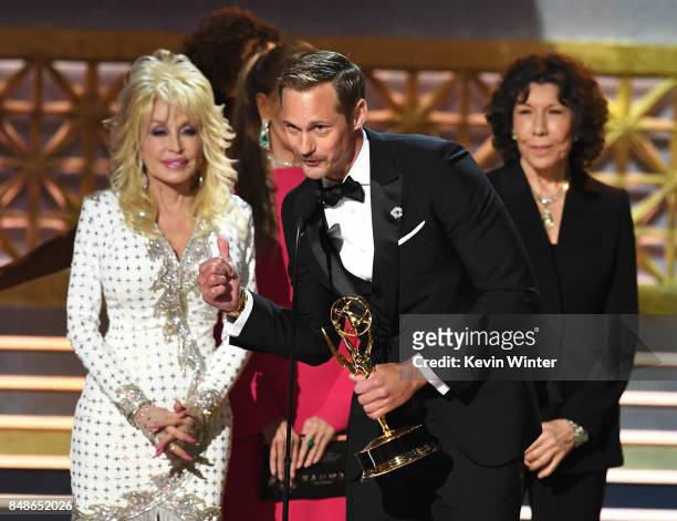 Actor Alexander Skarsgard accepts Outstanding Supporting Actor in a Limited Series or Movie for 'Big Little Lies' with actors Dolly Parton, Jane...