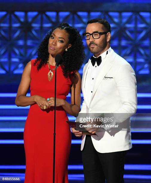 Actors Sonequa Martin-Green and Jeremy Piven speak onstage during the 69th Annual Primetime Emmy Awards at Microsoft Theater on September 17, 2017 in...