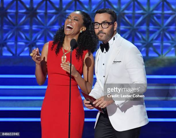 Actors Sonequa Martin-Green and Jeremy Piven speak onstage during the 69th Annual Primetime Emmy Awards at Microsoft Theater on September 17, 2017 in...