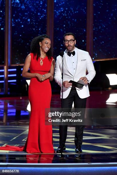 Actors Sonequa Martin-Green and Jeremy Piven speak onstage during the 69th Annual Primetime Emmy Awards at Microsoft Theater on September 17, 2017 in...