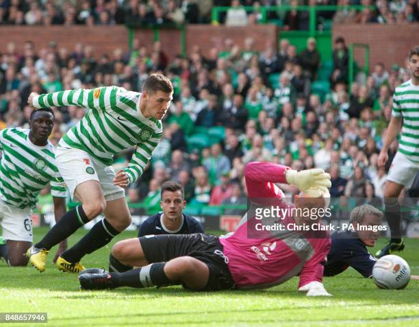 Celtic's Gary Hooper shoots past Dundee's Rab Douglas but the goal was disallowed during the Clydesdale Bank Scottish Premier League match at Celtic...