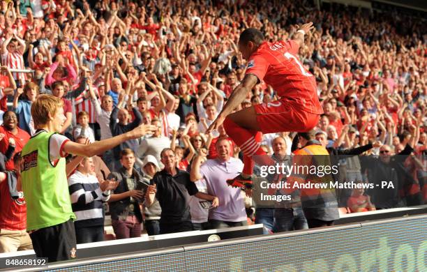 Southampton's Nathaniel Clyne celebrates scoring his side's second goal during the Barclays Premier League match at St Mary's Stadium, Southampton.