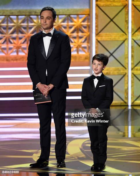 Actors Jim Parsons and Iain Armitage speak onstage during the 69th Annual Primetime Emmy Awards at Microsoft Theater on September 17, 2017 in Los...