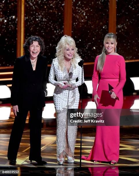 Actors Lily Tomlin, Dolly Parton and Jane Fonda speak onstage during the 69th Annual Primetime Emmy Awards at Microsoft Theater on September 17, 2017...