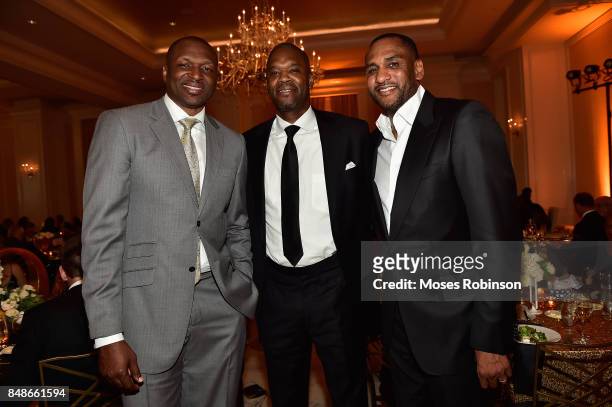 Former NBA Players Theo Ratliff,Antonio Davis and Steve Smith attend the 2017 DMF Care for Congo Gala at St. Regis Hotel on September 16, 2017 in...