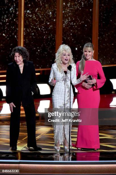 Actors Lily Tomlin, Dolly Parton and Jane Fonda speak onstage during the 69th Annual Primetime Emmy Awards at Microsoft Theater on September 17, 2017...
