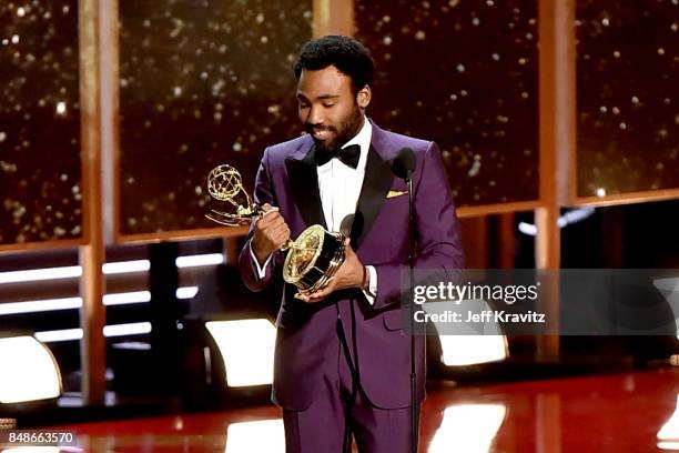 Director Donald Glover accepts the Outstanding Directing for a Comedy Series award for "Atlanta" onstage during the 69th Annual Primetime Emmy Awards...