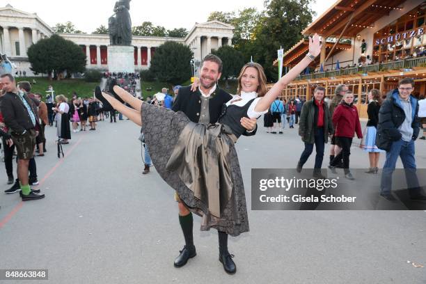 Evelyn Greffenius and her husband Philip Greffenius during the 'Almauftrieb' as part of the Oktoberfest 2017 at Kaeferschaenke Tent on September 17,...