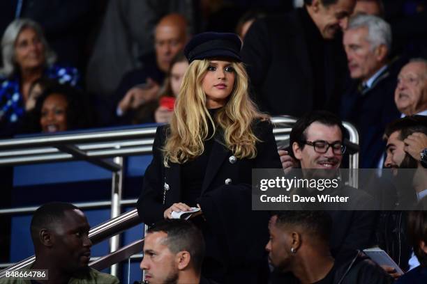 Julie Hantson, wife of French singer Pascal Obispo, during the Ligue 1 match between Paris Saint Germain and Olympique Lyonnais at Parc des Princes...