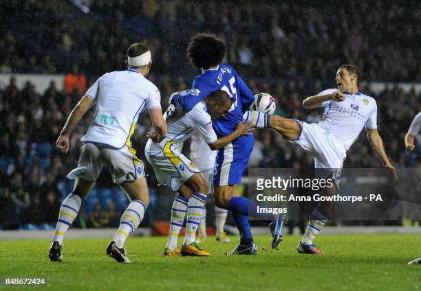 Leeds United's Michael Brown and Everton's Marouane Fellani battle for the ball during the Capital One Cup, Third Round match at Elland Road, Leeds.
