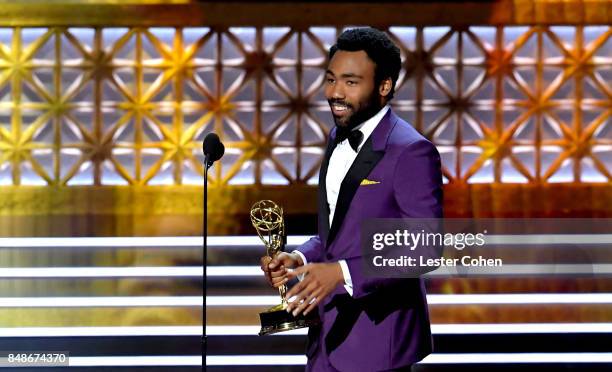 Director Donald Glover accepts the Outstanding Directing for a Comedy Series award for 'Atlanta' onstage during the 69th Annual Primetime Emmy Awards...