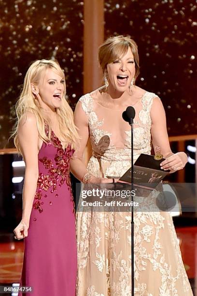 Actors Anna Faris and Allison Janney speak onstage during the 69th Annual Primetime Emmy Awards at Microsoft Theater on September 17, 2017 in Los...