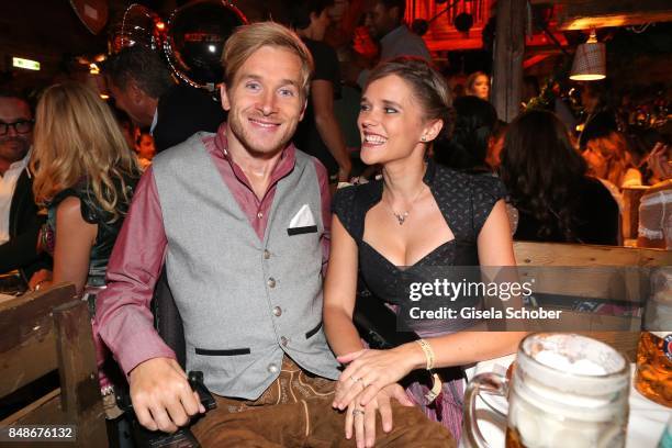 Samuel Koch and his wife Sarah Elena Koch during the 'Almauftrieb' as part of the Oktoberfest 2017 at Kaeferschaenke Tent on September 17, 2016 in...