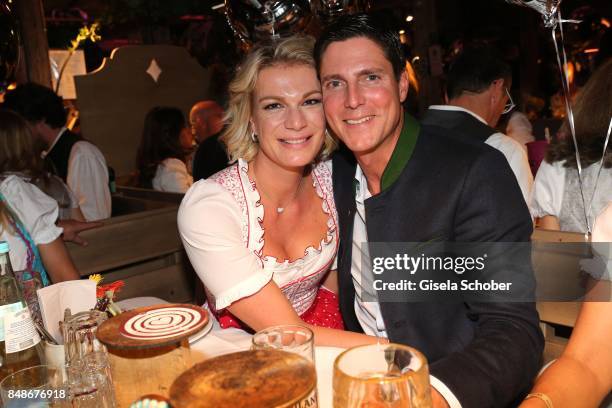 Maria Hoefl-Riesch and her husband Marcus Hoefl during the 'Almauftrieb' as part of the Oktoberfest 2017 at Kaeferschaenke Tent on September 17, 2016...