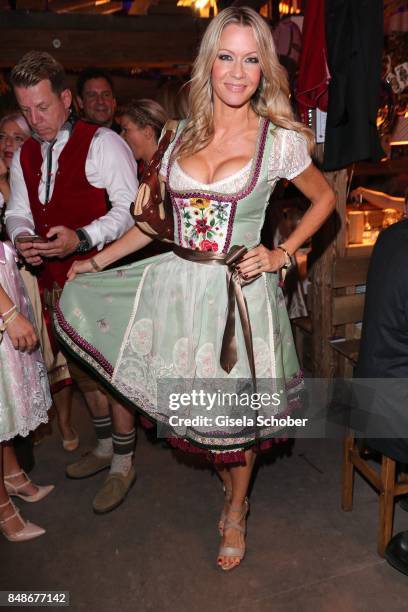 Verena Klein wearing a dirndl by Lola Paltinger during the 'Almauftrieb' as part of the Oktoberfest 2017 at Kaeferschaenke Tent on September 17, 2016...