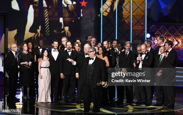 Cast and crew of 'Veep' accept the Outstanding Comedy Series award onstage during the 69th Annual Primetime Emmy Awards at Microsoft Theater on...