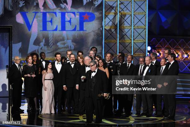 Cast and crew of 'Veep' accept the Outstanding Comedy Series award onstage during the 69th Annual Primetime Emmy Awards at Microsoft Theater on...