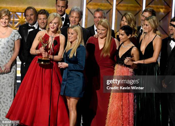 Actors Nicole Kidman and Reese Witherspoon with cast and crew of 'Big Little Lies' accept the Outstanding Limited Series award onstage during the...