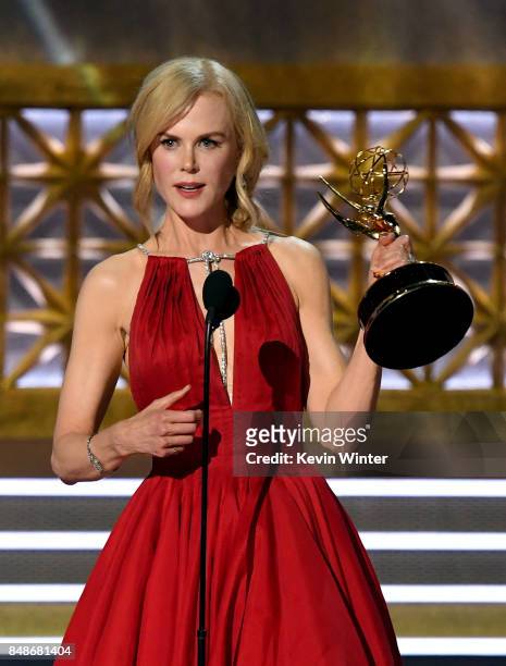 Actor Nicole Kidman accepts Outstanding Lead Actress in a Limited Series or Movie for 'Big Little Lies' onstage during the 69th Annual Primetime Emmy...