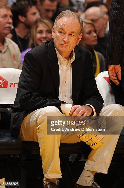Television personality Bill O'Reilly watches a game from courtside between the Atlanta Hawks and the Los Angeles Lakers at Staples Center on February...