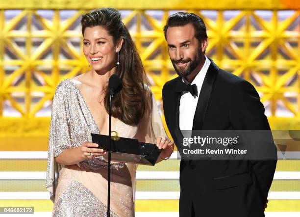 Actors Jessica Biel and Joseph Fiennes speak onstage during the 69th Annual Primetime Emmy Awards at Microsoft Theater on September 17, 2017 in Los...