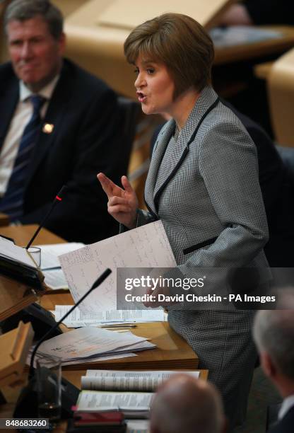 Deputy First Minister Nicola Sturgeon answers questions at the Scottish Parliament in Edinburgh.