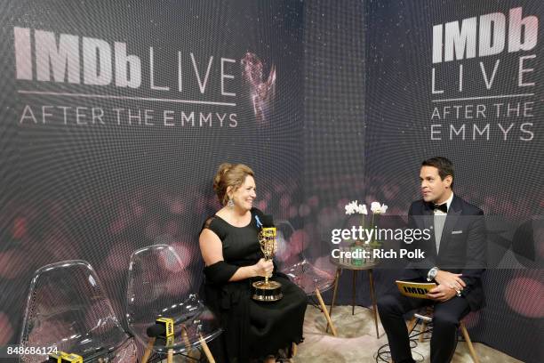 Actor Ann Dowd, winner of the award for Outstanding Supporting Actress in a Drama Series for 'The Handmaid's Tale,' and host Dave Karger attend IMDb...