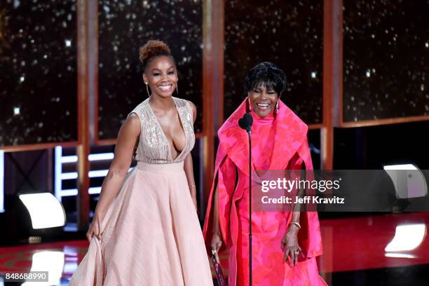 Actors Anika Noni Rose and Cicely Tyson speak onstage during the 69th Annual Primetime Emmy Awards at Microsoft Theater on September 17, 2017 in Los...