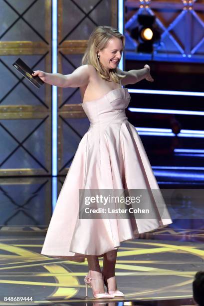 Actor Elisabeth Moss accepts the Outstanding Lead Actress in a Drama Series award for 'The Handmaid's Tale' onstage during the 69th Annual Primetime...