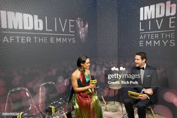 Actor Tessa Thompson and host Dave Karger attend IMDb LIVE After the Emmys at Microsoft Theater on September 17, 2017 in Los Angeles, California.