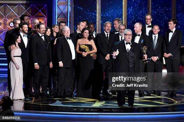 The cast and crew of 'Veep' accept the award for Outstanding Comedy Series onstage during the 69th Annual Primetime Emmy Awards at Microsoft Theater...