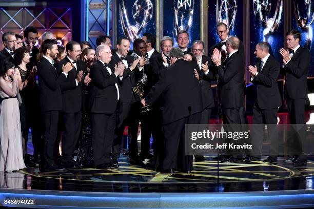 The cast and crew of 'Veep' accept the award for Outstanding Comedy Series onstage during the 69th Annual Primetime Emmy Awards at Microsoft Theater...