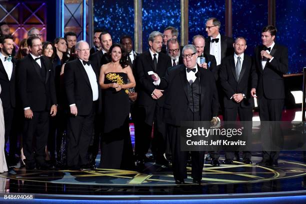 The cast and crew of 'Veep' accept the award for Outstanding Comedy Series onstage during the 69th Annual Primetime Emmy Awards at Microsoft Theater...