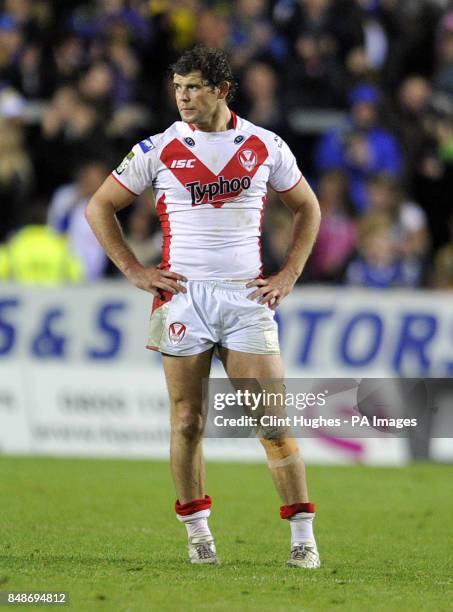 St Helens's Paul Wellens looks dejected after the final whistle of the Stobart Super League Semi Final, Langtree Park, St Helens.