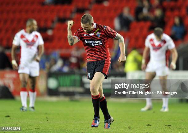 Warrington Wolves's Lee Briers celebrates after the final whistle of the Stobart Super League Semi Final, Langtree Park, St Helens.