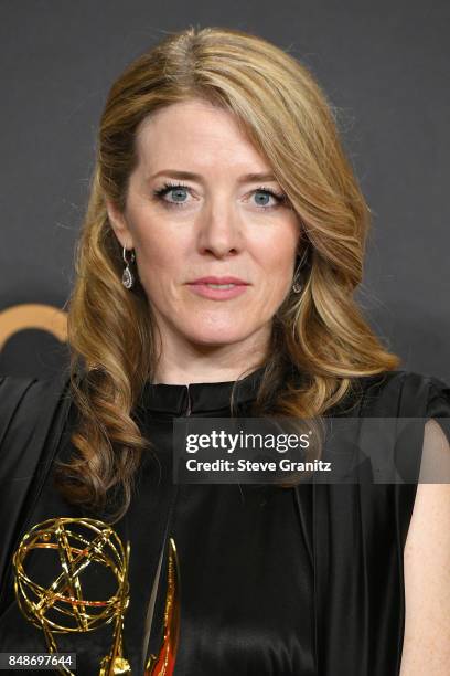 Producer Annabel Jones, winner of the award for Outstanding Television Movie for 'Black Mirror,' poses in the press room during the 69th Annual...